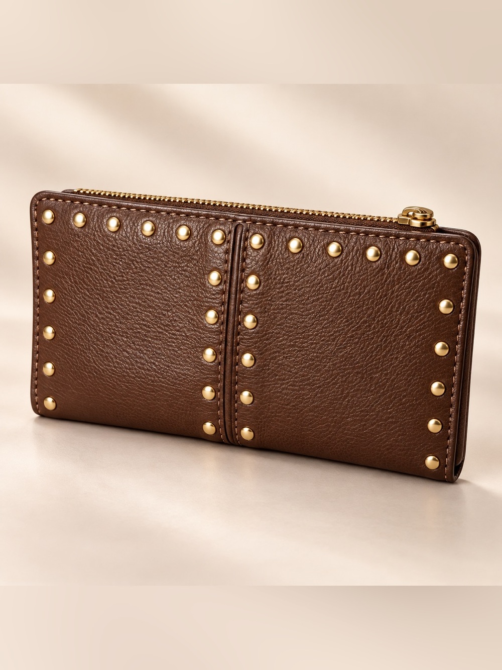 Michael Kors Brown Leather Gold Studded Continental Zip Wallet